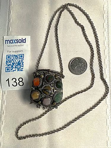 Semi Precious Gemstone Highlighted Metal Necklace Purse  (1 of 5)