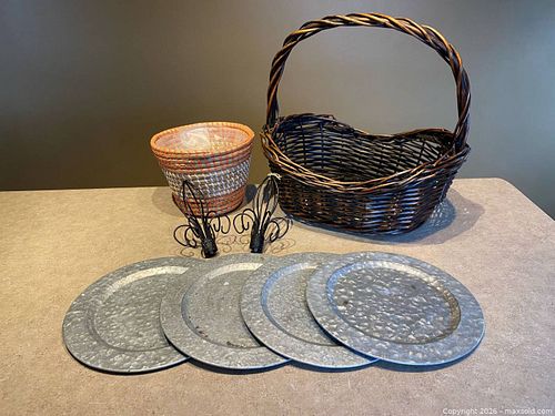 Assorted Home Décor Lot – Wicker Basket, Galvanized Plates, Planter & Metal Finials (1 of 8)