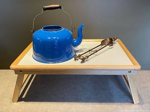 Folding Bed Tray with Blue Enamel Kettle and Fireplace Tool (1 of 8)