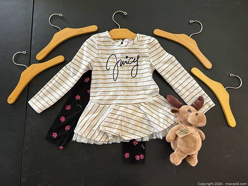 Juicy Couture Toddler Outfit Lot 3T, Crown Leggings, Dress Top, Moose Plush & Hangers (1 of 9)