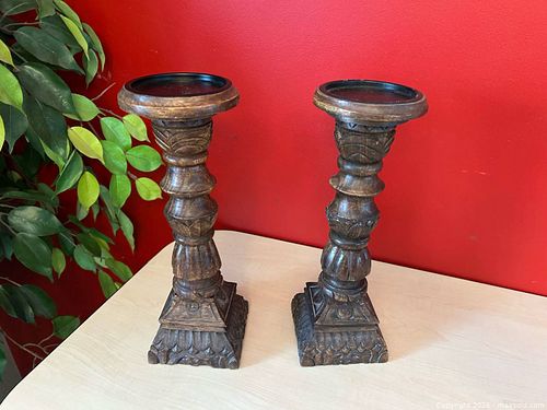 Pair of Ornate Carved Wood Pillar Candle Holders (1 of 18)