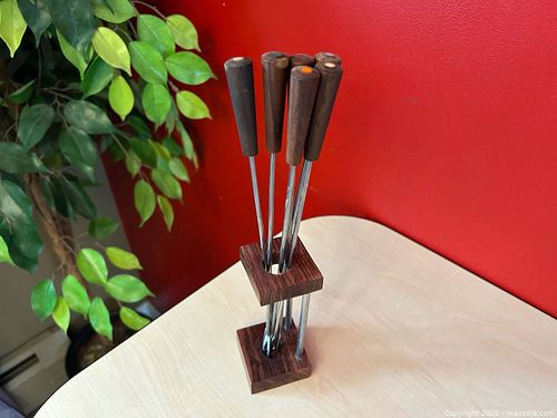 Vintage Rosewood Handle Fondue Fork Set w/ Mid-Century Stand – 6 Piece (1 of 19)