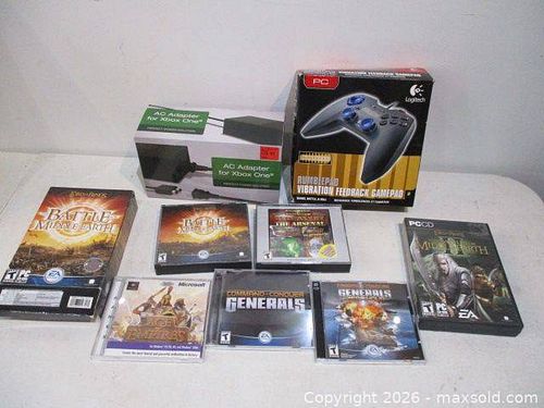 Logitech RumblePad PC Controller, Xbox One AC Adapter, and 7 Assorted PC Games.  (1 of 5)