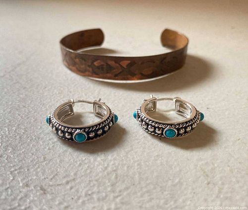 Southwestern Turquoise Sterling Silver Earrings & Copper Cuff Set (1 of 12)