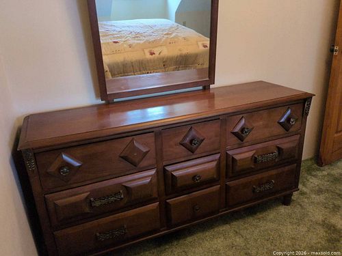 4-Piece Brown Wood Veneer Bedroom Set — Dresser, Mirror, Chest, Headboard (1 of 12)