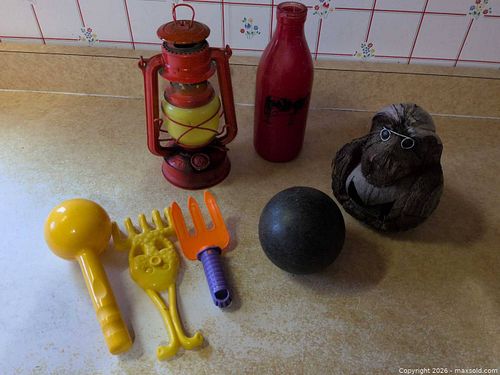 Mixed Lot: Vintage Oil Lantern, Milk Bottle, Coconut Bank & Toys (1 of 5)