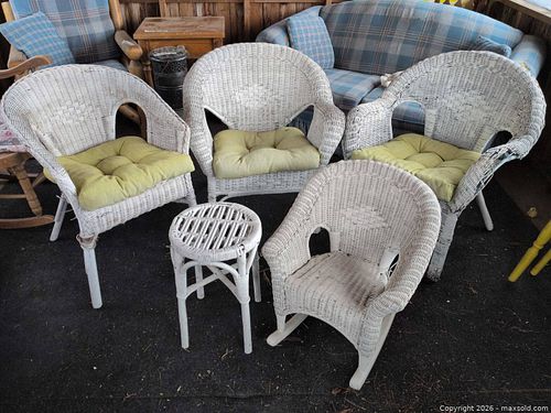 White Painted Wicker Chairs Set with Rocker and Cushions (1 of 12)