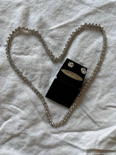 Estate Jewellery: Sterling Silver Necklace with Rhinestones and Pair of Pierced Cubic Zirconia Earrings (1 of 10)