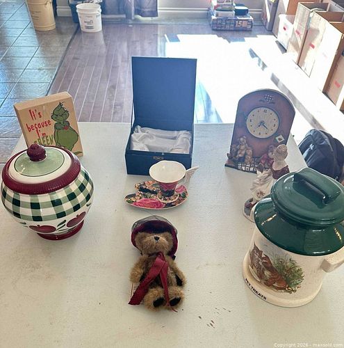 Assorted Home Decor Lot: Canisters, Figurine, Teacup, Clock (1 of 7)