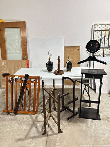 Lot: Pair Ceramic Table Lamps, Wooden Bases, Gate, Valet & Stands (1 of 10)