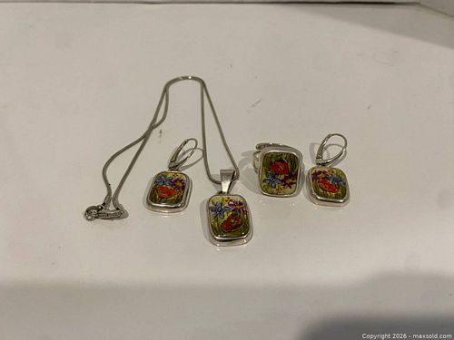 Painted Enamel Sterling Silver Leverback Earrings with Necklace and Ring (1 of 4)