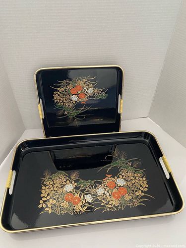 Pair of Japanese Black Lacquer Decorative Serving Trays (1 of 4)