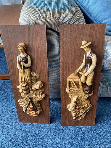 Pair of Wood Wall Plaques with Resin/Plaster Reliefs (1 of 4)