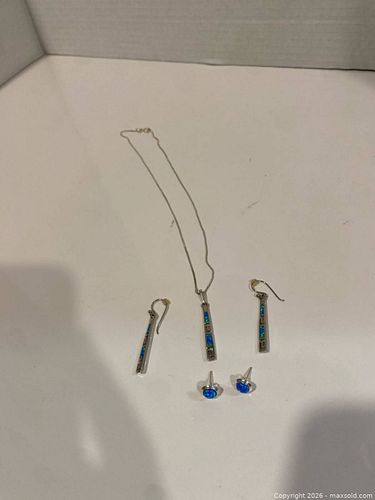 Sterling Silver Blue Opal Inlay Necklace and Earring Set (1 of 4)