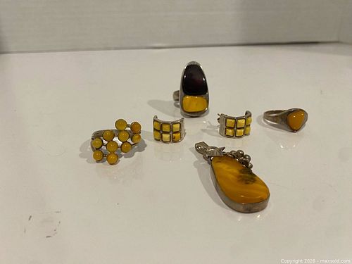 Sterling Silver Ring, Earrings & Pendant with Amber Inlays (1 of 4)