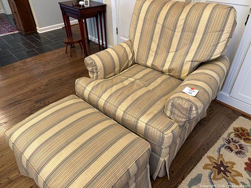 Beige Striped Upholstered Armchair with Footrest (1 of 3)