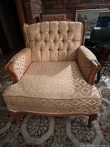 Vintage Upholstered Armchairs Pair Tufted Damask & Floral Accent Chairs Wood Frame (1 of 7)