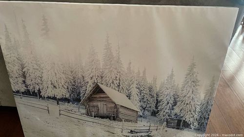 Cozy Decorative canvas print featuring a rustic winter cabin (1 of 5)
