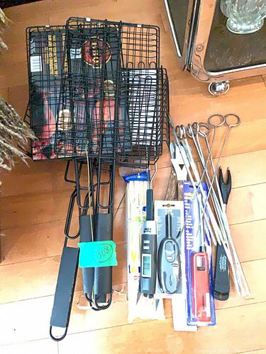 Lot of New BBQ Grill Baskets, Skewers, Lighter, Tongs & Spatula Bundle (1 of 11)