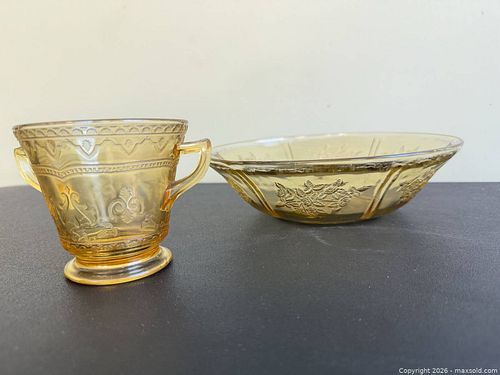 Amber Depression Glass Set with Serving Bowl and Two-Handled Sugar Bowl, Embossed Roses (1 of 11)