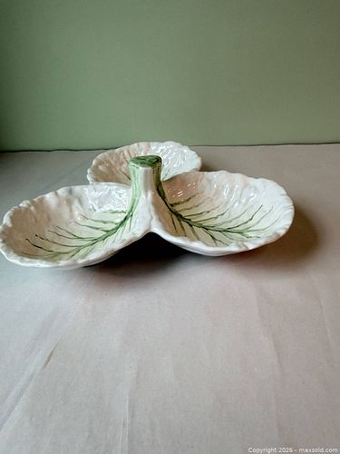 Ceramic Three-Section Serving Platter, Leaf Design White with Green Accents (1 of 5)