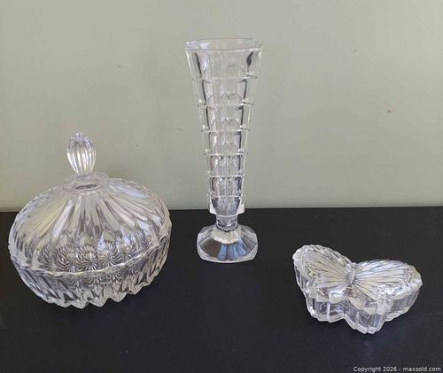 Clear Cut Crystal Glassware Lot: Lidded Candy Dish, Bud Vase, Butterfly Lidded Trinket Dish (1 of 10)