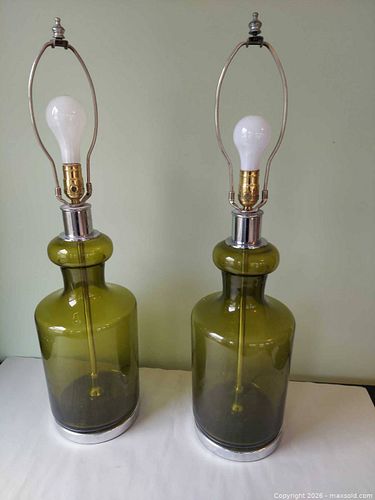Pair of Olive Green Glass and Brass Table Lamps (1 of 6)