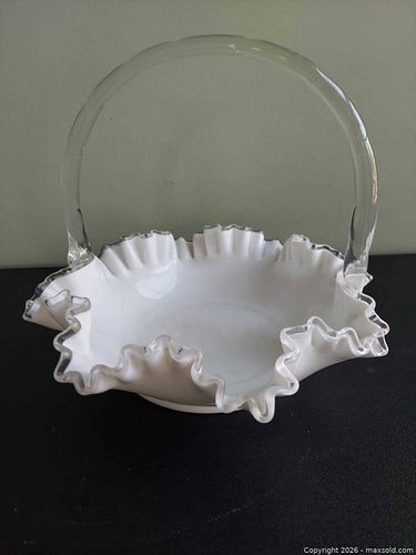 Vintage Milk Glass Handled Ruffled-Edge Basket with Clear Trim (1 of 6)