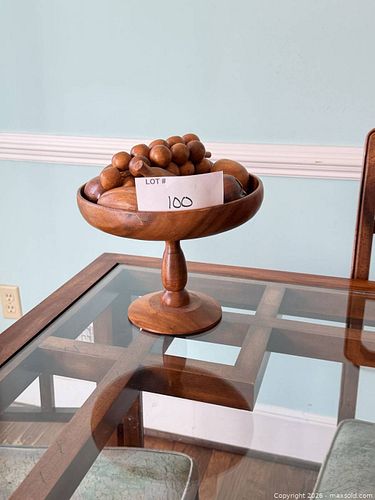 Wooden Pedestal Decorative Bowl with Carved Faux Fruit (1 of 7)