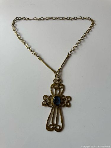 Vintage Brass Crucifix Necklace with a Blue Glass Cabochon Stone by “Rafael Canada” (1 of 8)