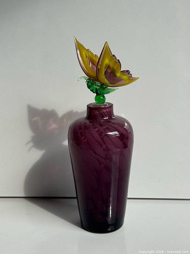 Vintage Hand Blown Art Glass Purple Perfume Bottle with Glass Butterfly Stopper (1 of 7)