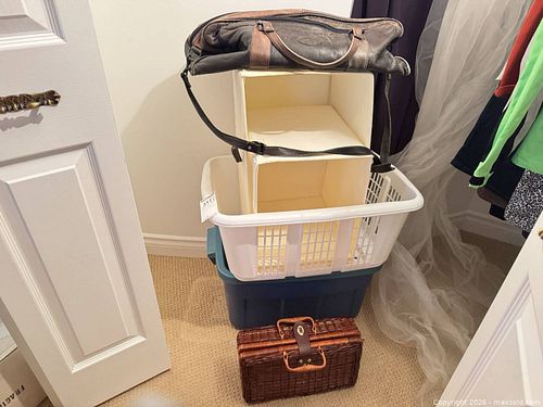Lot: Leather Duffel, Wicker Picnic Basket, Plastic Bins & Fabric Cubes B (1 of 10)