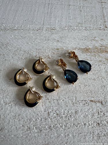 D’Orland Jewelry Earring Lot - Three Pairs, Clip on, Gold Tone with Rhinestones and Blue (1 of 6)