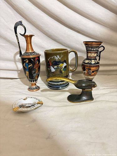 Lot: Greek-style Vases, Ireland Mug, Karlsbad Ashtray & Brass Nutcracker (1 of 7)