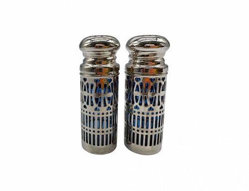 Vintage Pierced Silver & Cobalt Blue Glass Tall Salt & Pepper Shakers (1 of 4)