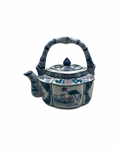 Vintage Small Blue & White Porcelain Chinoiserie Design Handled Tea Pot (1 of 2)