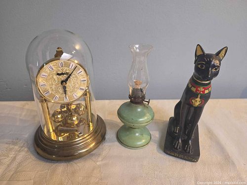 Mixed Lot: K.U.S. Germany 10-Jewel Clock, Glass Dome, Lamp, Egyptian Cat (1 of 5)