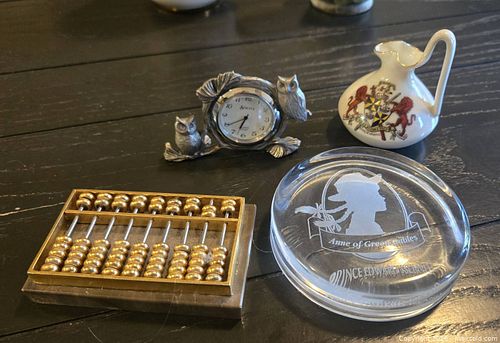 Collectibles Lot: Glass Paperweight, Miniature Abacus, Owl Clock (1 of 3)