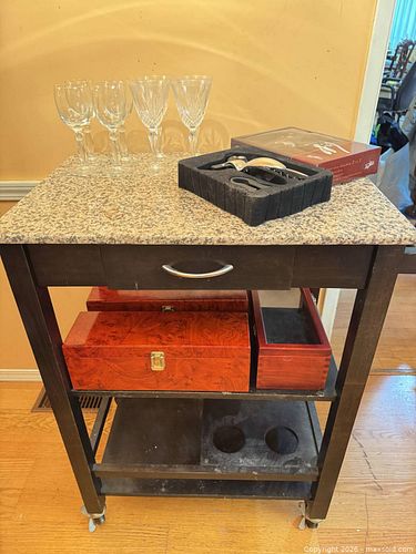 Rolling Serving Cart, Glass Top Wooden Boxe & Wine Set (1 of 11)