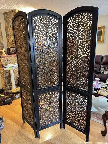 Stained Wood 3-Panel Folding Room Divider with Carved Floral Motif (1 of 5)