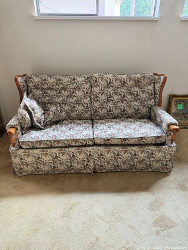 Traditional Cream Floral 2-Seater Sofa Bed with Wood Trim (1 of 9)