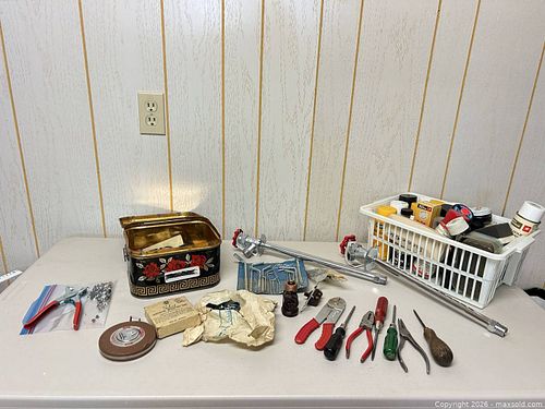 Lot of 16+ Assorted Hand Tools & Fasteners with Tin Storage Box (1 of 7)