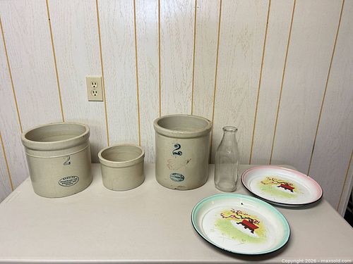 Medalta Stoneware Crocks, Glass Milk Bottle & Enamelware Plates (1 of 16)