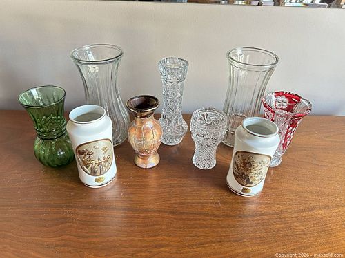 Set of Ruby Flash Cut Glass & Porcelain Vases with Gilt Trim (1 of 5)