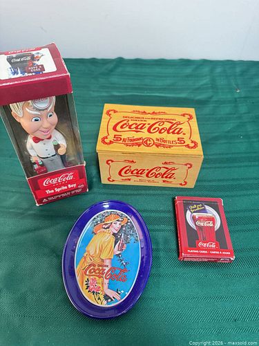 Coca-Cola Collectible Lot: Bobblehead, Die-Cast Car, Box, Tray, Cards (1 of 4)