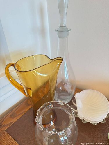 Glassware Set: Pitcher, Decanter, Ruffled Vase & Milk Glass Dish (1 of 8)