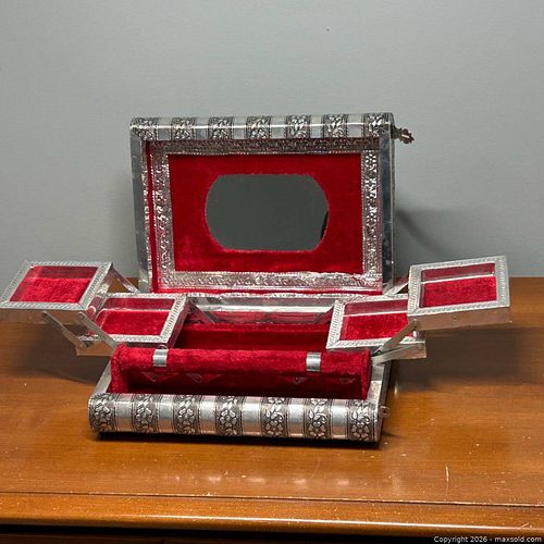 Silver Tone Floral & Elephant Jewelry Box Folding Tray Red Velvet Lined (1 of 8)