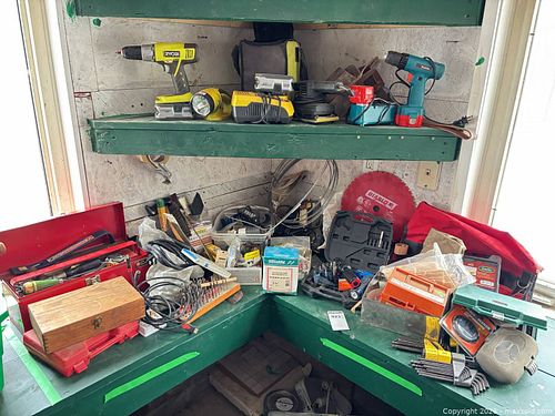 Lot: drill/driver, tools, bits/blades, chargers, worklight, saw blade (1 of 21)