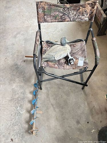 Lot: Ice/Auger Bit, Folding Camo Chair, Fishing Reel, Duck Decoy (1 of 12)