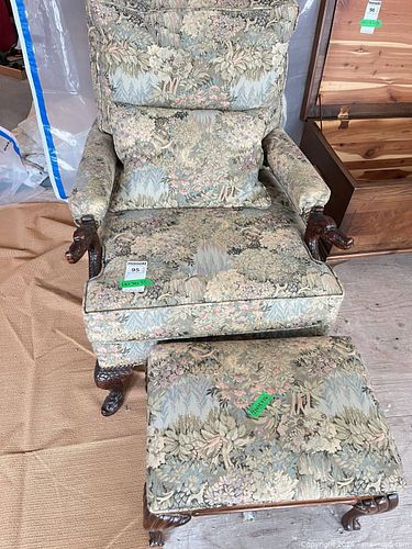 Upholstered Chair and Ottoman with Wood Carved Arms and Legs (1 of 14)